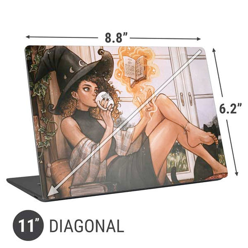 Cozy Autumn Library Witch with Cat and Coffee by Ivy Dolamore Universal Laptop 11in (8.8 x 6.2in) Skin